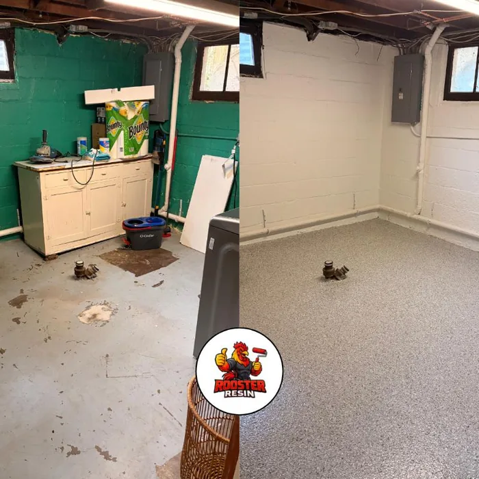 Basement floor before and after epoxy coating transformation